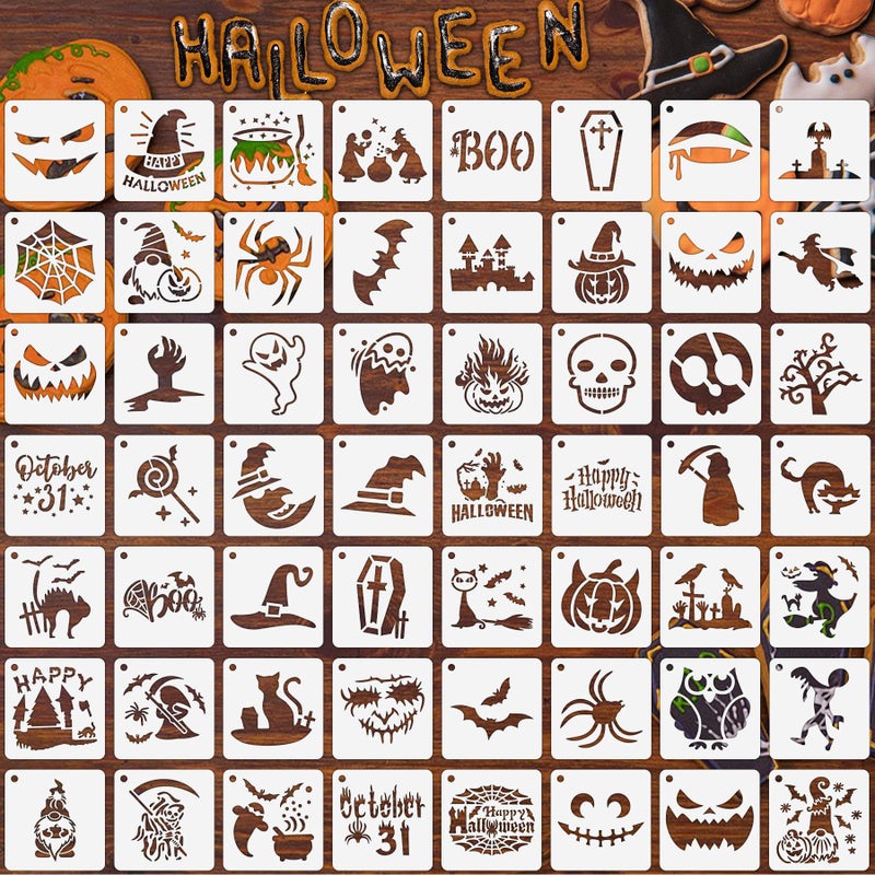 Augshy Halloween Stencils  56 Pack Pumpkin Painting Stencils Ornament Stencils Plastic for Painting on Wood Ornaments Wood Slice DIY Crafts Fabrics Window Halloween Decoration (3 Inch) - Image 1